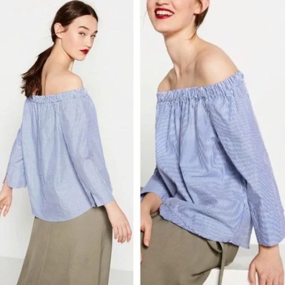 Zara Woman Top Pin-stripe Off the Shoulder 3/4 Sleeve Size S - Picture 2 of 6